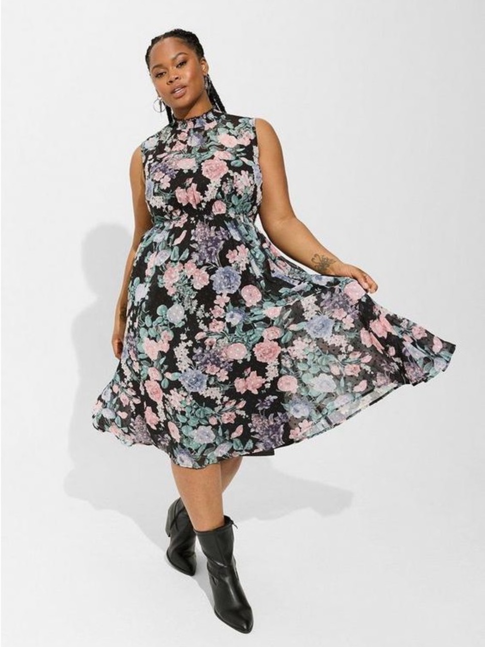 torrid Black Floral Mock-Neck Fit & Flare Midi Dress